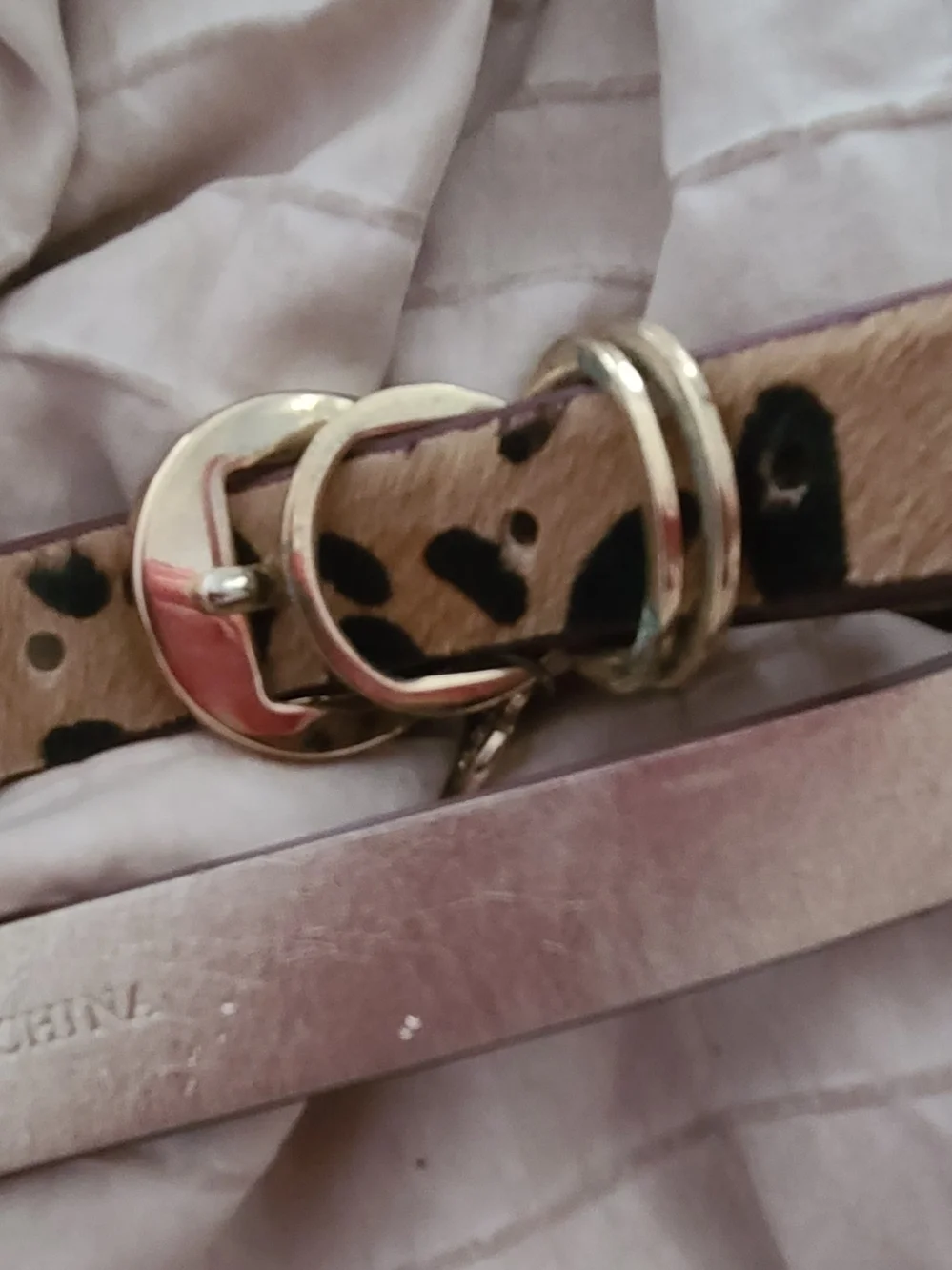 Leopard Print FUR Leather Belt with Gold Double Ring Buckle - Tan Boho Festival